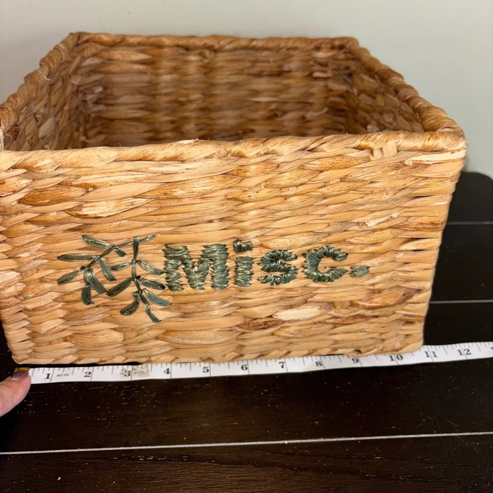 Natural Woven Storage Basket |‎ Embroidered Misc Label | Rustic Home Decor